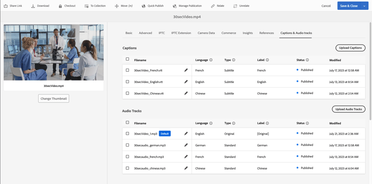 Dynamic Media の「キャプションとオーディオトラック」タブと、アップロードされた キャプションファイルおよびビデオ用にアップロードされた .MP3 オーディオトラックファイルを示す表。