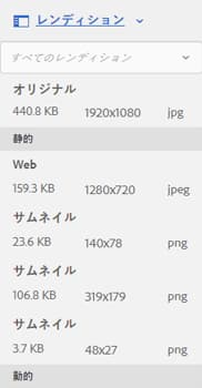 アセットの詳細ページのレンディションパネル