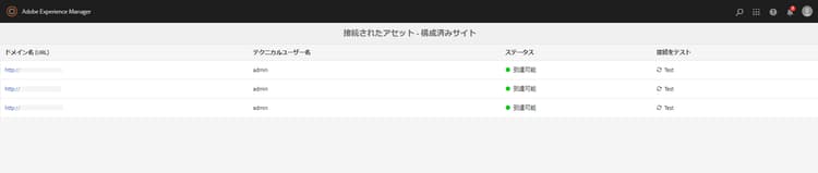 設定済み Connected Assets の接続テスト Sites