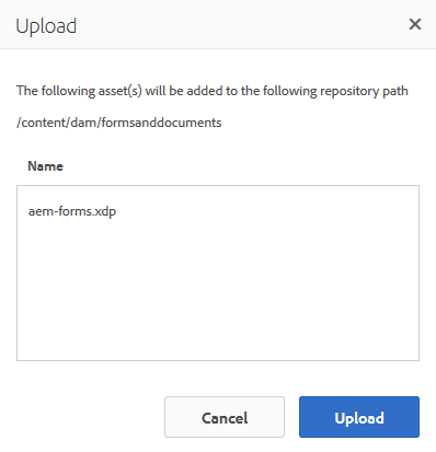 XFA フォームのアップロード時のアップロードダイアログ