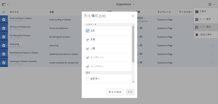 設定の表示 - 列の設定