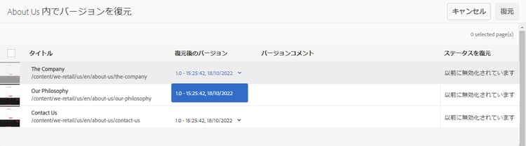 バージョンを復元 - バージョンの選択