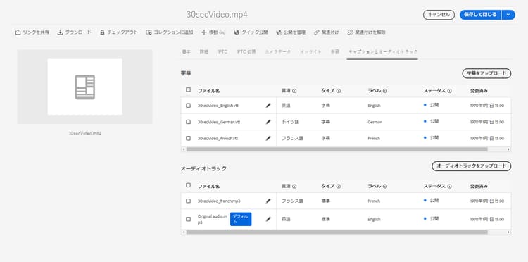 Dynamic Media の「キャプションとオーディオトラック」タブと、アップロードされた キャプションファイルおよびビデオ用にアップロードされた .MP3 オーディオトラックファイルを示す表。