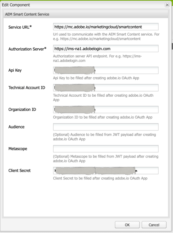 コンテンツサービスの URL を指定するための Experience Manager スマートコンテンツサービスダイアログ