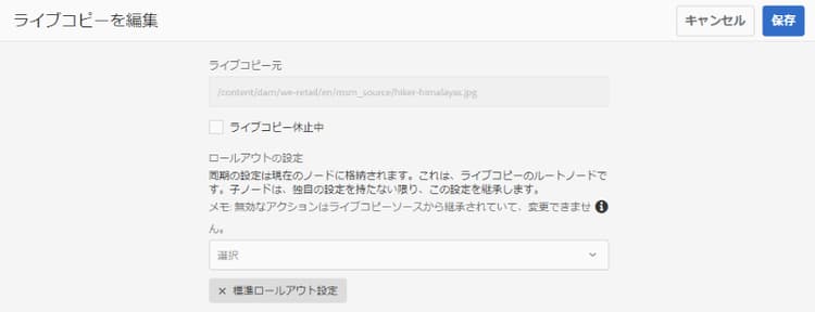 特定のライブコピーの場合は、ソースアセットが選択されていると、関係を休止したりロールアウト設定を変更したりするためのオプションに参照パネルからアクセスできます。