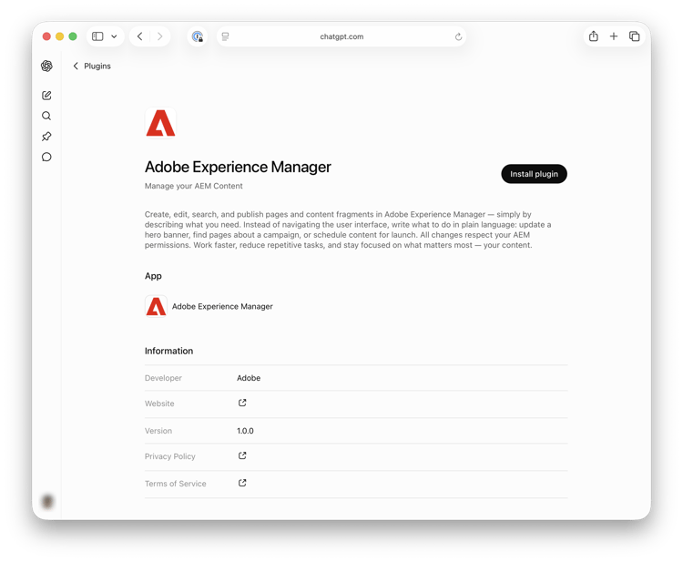 ​ プラグインのインストール ボタンが表示されているAdobe Experience Manager プラグイン ページ。