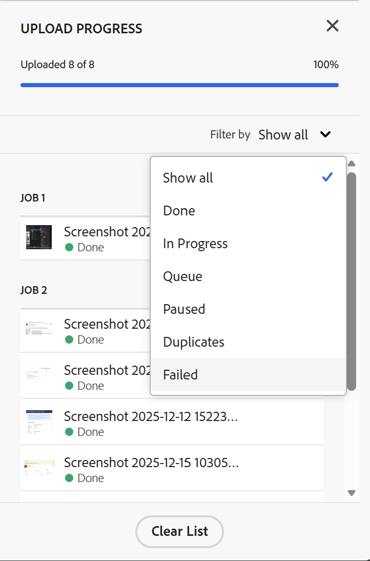 アップロードのステータスに基づいたアップロード進行状況のフィルタリング