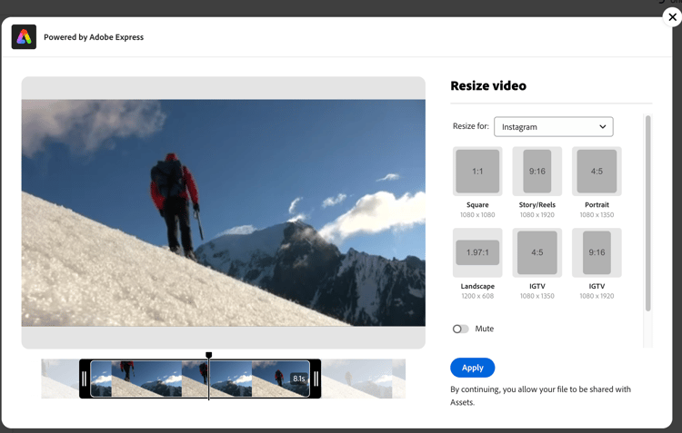Adobe Express を使用したビデオのサイズ変更