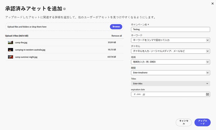 コンテンツハブへのアセットのアップロード