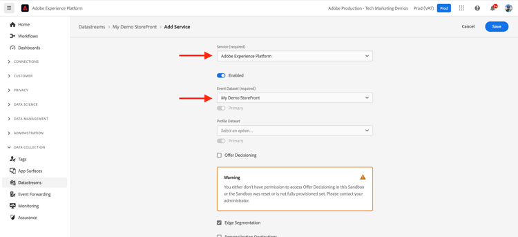 AEP でのデータストリーム作成の「サービスを追加」の詳細情報