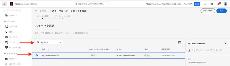 AEP のデータセット作成での「スキーマを選択」セクション