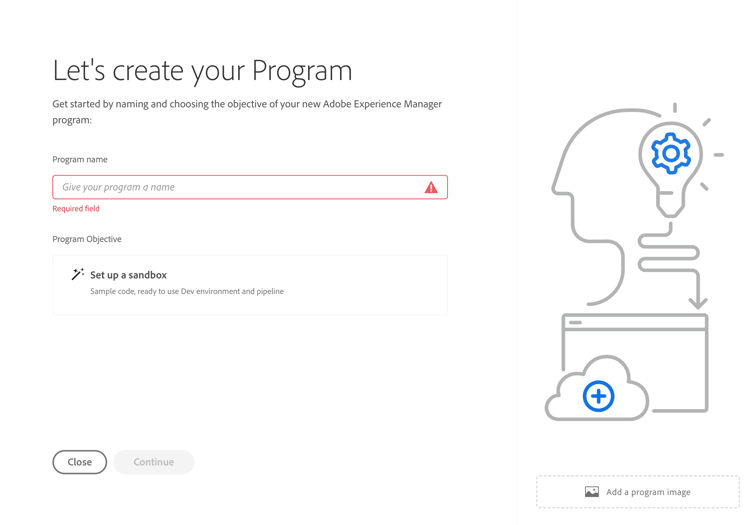 ​ プログラム名フィールドとサンドボックス目標の設定を表示するプログラムウィザードを作成しましょう。