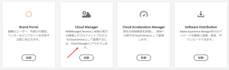 Cloud Manager の 4 つの領域（Brand Portal、Cloud Manager、Cloud Acceleration Manager およびソフトウェア配布）には、それぞれ独自の「ローンチ」ボタンが表示されます。