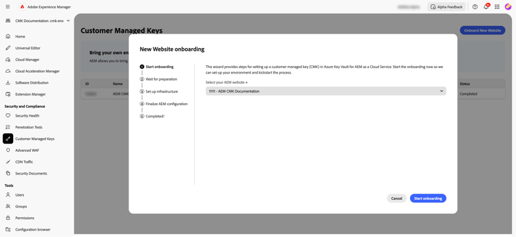 CMK UI を使用した web サイトのオンボーディングの開始