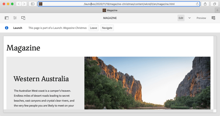 ページエディターからローンチをナビゲーション