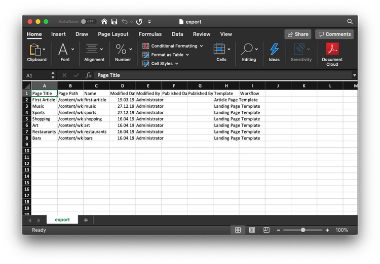 CSV への書き出しで生成された Excel ファイル