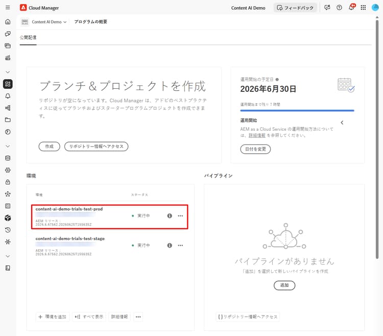 本番環境がハイライト表示されたプログラムの概要