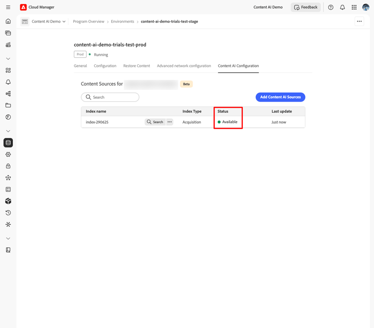 利用可能なステータスを表示するコンテンツソースリスト ​
