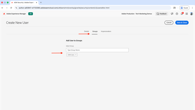 DAM ユーザーグループの追加