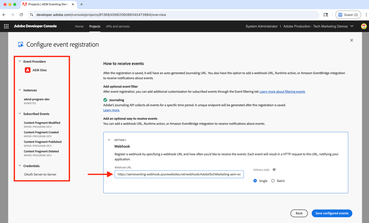 Adobe Developer Console プロジェクトの web フック