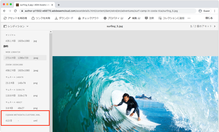 AEM Assets メタデータレンディションファイル