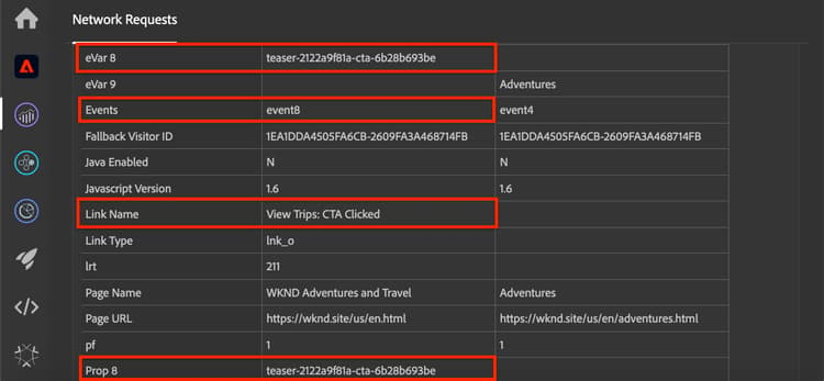 クリック時に追跡される Analytics のイベント、eVar および prop