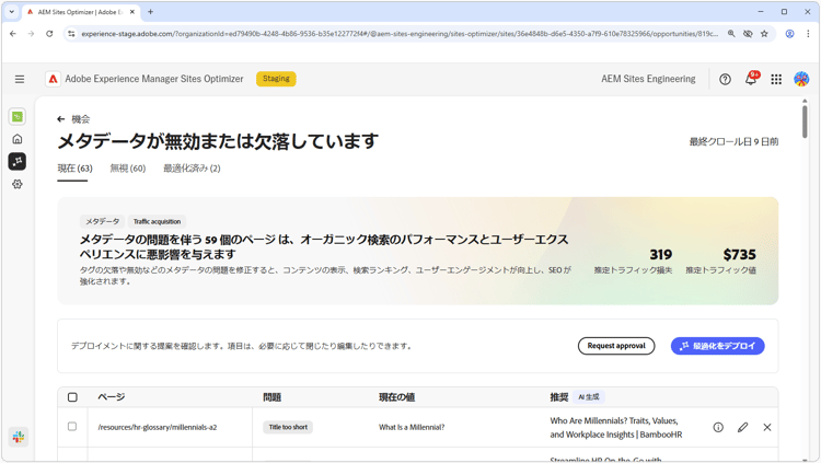 無効または欠落しているメタデータの機会