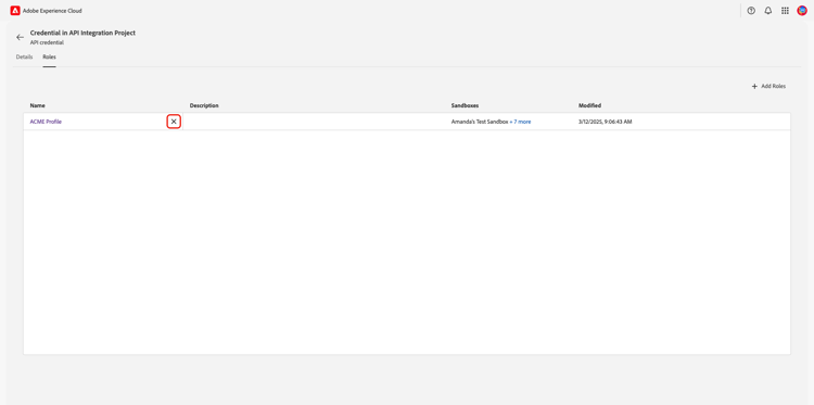 ​ 役割の削除オプションがハイライト表示された API 資格情報の役割ワークスペース。