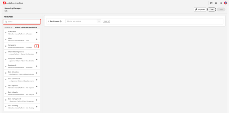 個々のリソースの「追加」オプションがハイライト表示されたリソースワークスペース。