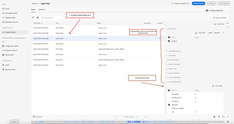 Edge Bridge シナリオ用の Analytics Edge ビューの様々なコンポーネントを示す画像
