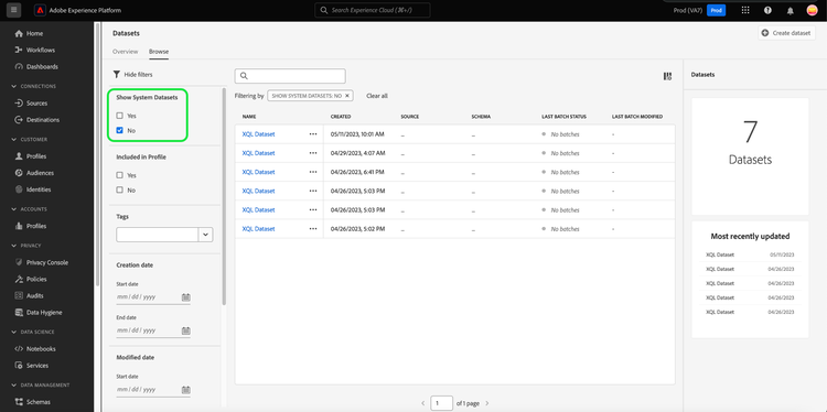 を使用したデータセットワークスペースのフィルターオプション システムデータセットを表示 ハイライト表示されたセクション。