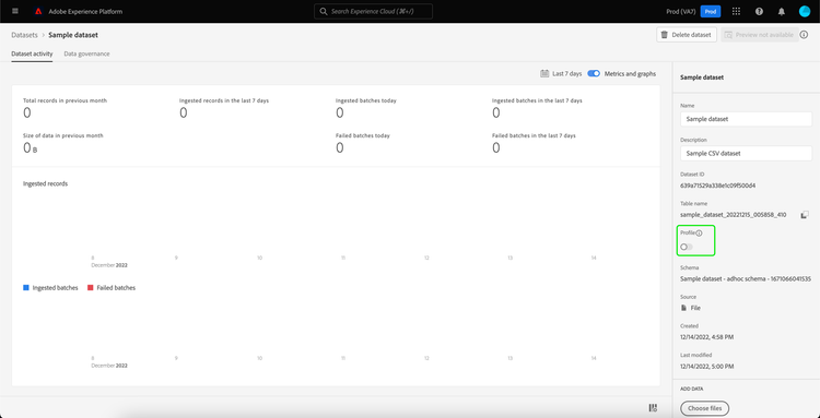 データセットの詳細ページ内でプロファイル切り替えがハイライト表示されています。