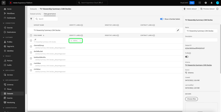 削除対象のフィールドのラベルがハイライト表示されたデータセットワークスペースの「データガバナンス」タブ。