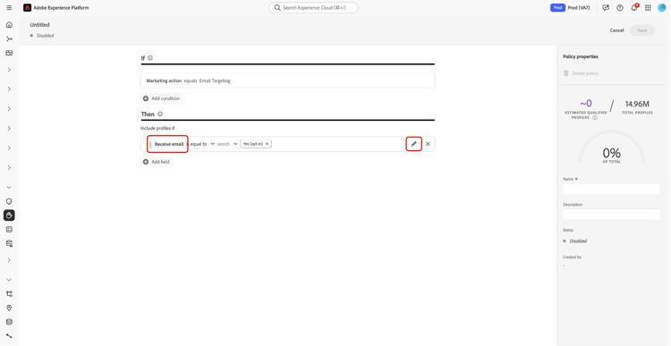 ​ 同意属性と編集アイコンがハイライト表示された同意ポリシービルダー UI。