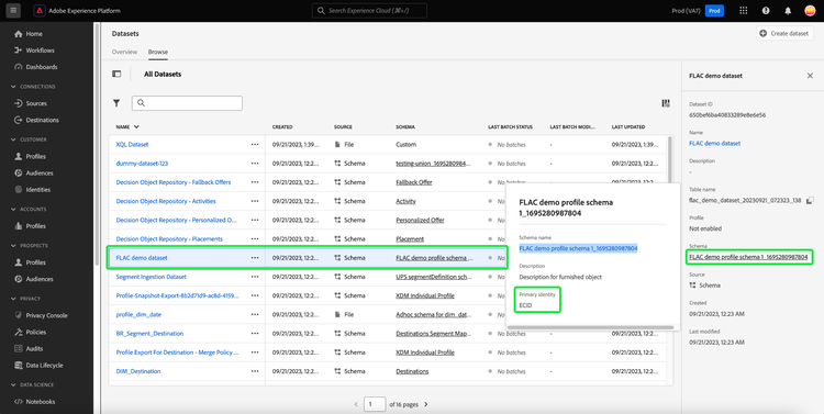 データセットが選択されたデータセットダッシュボードに、データセットの詳細パネルからスキーマダイアログが開きます。 データセットのプライマリ ID がハイライト表示されている様子。