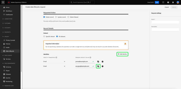 プラスアイコンと ID を追加アイコンがハイライトされたリクエスト作成ワークフロー