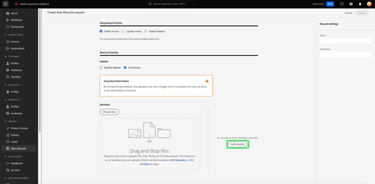 「ID を追加 オプションがハイライト表示されたリクエスト作成ワークフロー