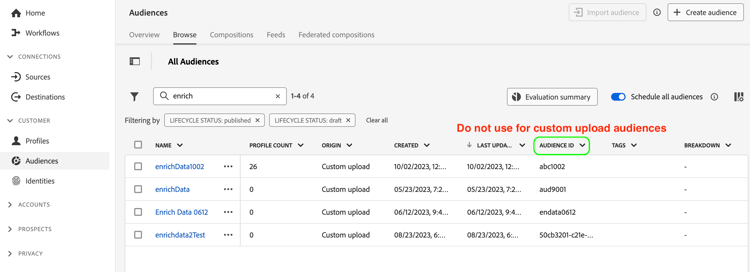 選択すべきでないオーディエンス ID の表示。