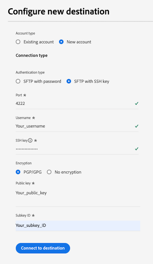 SSH キーを使用して宛先に対する認証を行う方法を示すサンプルスクリーンショット