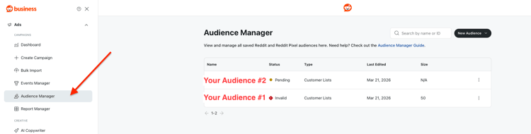 書き出されたオーディエンスとそのステータスが表示されているReddit Ads Manager。