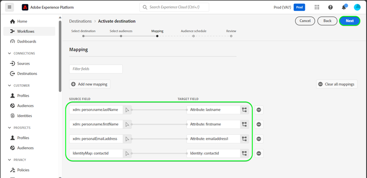 ターゲットマッピングを示した Platform UI のスクリーンショットの例。