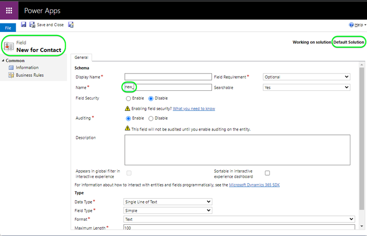 カスタマイズのプレフィックスを示す Dynamics 365 UI のスクリーンショット。