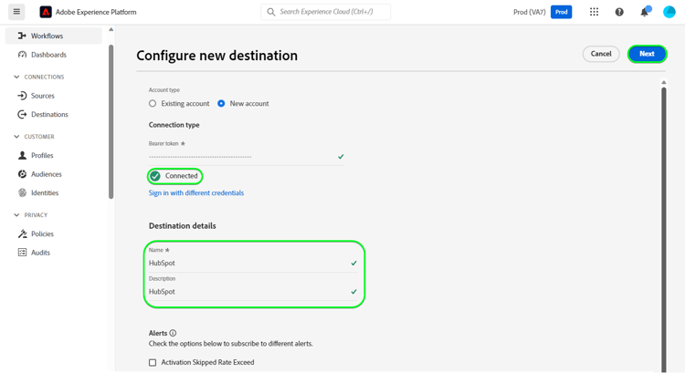 宛先の詳細を示す Platform UI のスクリーンショット。