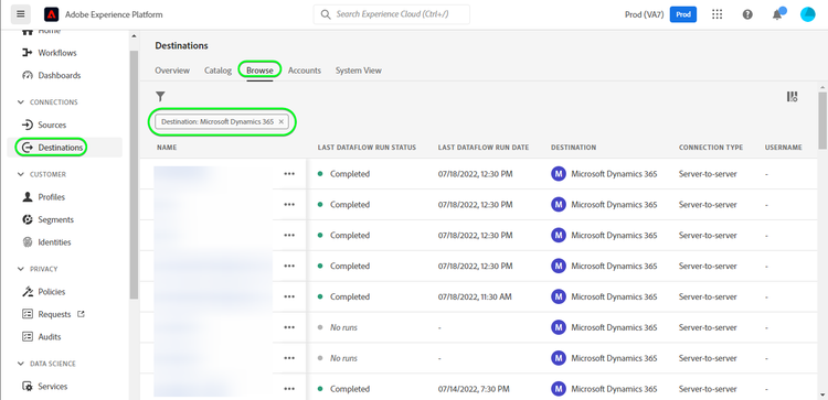 宛先の参照を示す Platform UI のスクリーンショット。