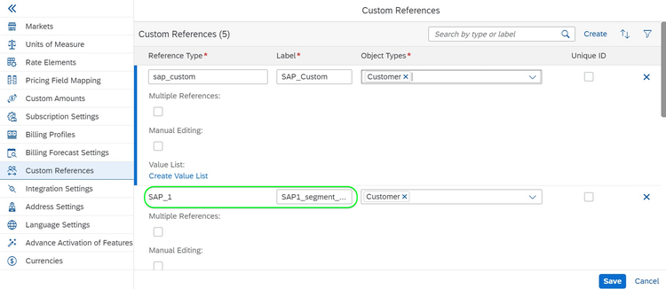 SAP サブスクリプション請求でカスタム参照を作成する場所を示す画像。