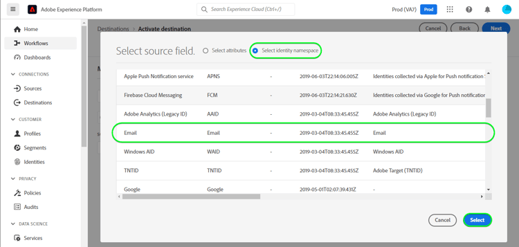 Source フィールドを ID 名前空間のメールとして使用した Platform UI のスクリーンショット。