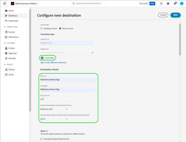 宛先の詳細を示す Platform UI のスクリーンショット。