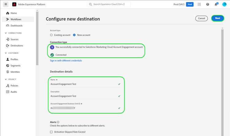 宛先の詳細を示す Platform UI のスクリーンショット。