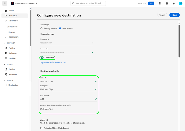 宛先の詳細を示す Platform UI のスクリーンショット。