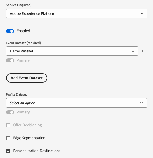 データストリーム設定画面を示すExperience Platform UI 画像。